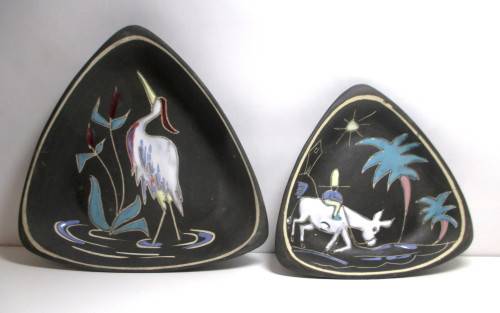 Vintage Crescent (1952-92) Ware Freeform Vase and 2 dishes - matte black with glazed paintings.