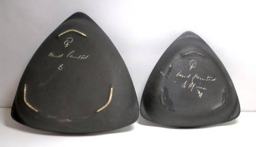 Vintage Crescent (1952-92) Ware Freeform Vase and 2 dishes - matte black with glazed paintings.