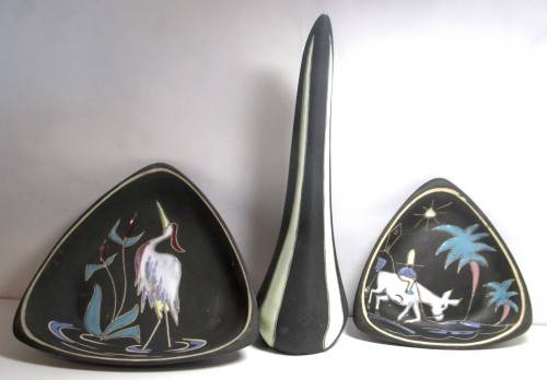 Vintage Crescent (1952-92) Ware Freeform Vase and 2 dishes - matte black with glazed paintings.