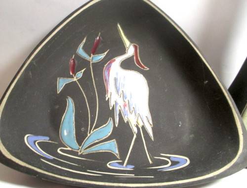 Vintage Crescent (1952-92) Ware Freeform Vase and 2 dishes - matte black with glazed paintings.