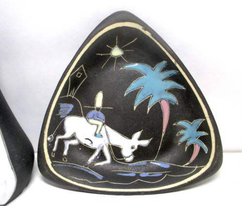 Vintage Crescent (1952-92) Ware Freeform Vase and 2 dishes - matte black with glazed paintings.