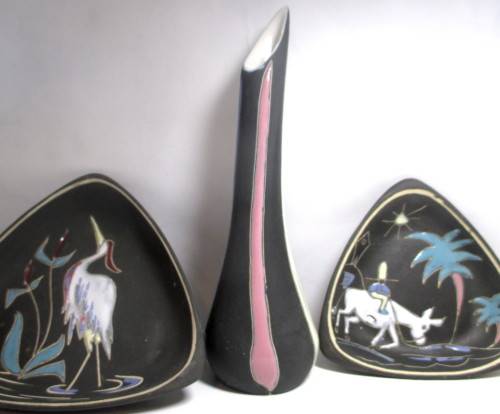 Vintage Crescent (1952-92) Ware Freeform Vase and 2 dishes - matte black with glazed paintings.