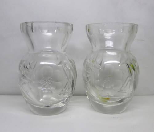 Two Pretty `Rose-Cut` Crystal Bud Vases. No Chips. 85mm high.