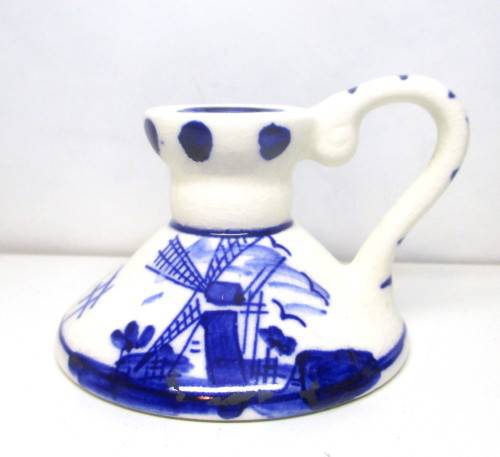 Vintage Taper Candle Holder with Handle Windmill Flowers Delft Blue Holland. 5cm high.