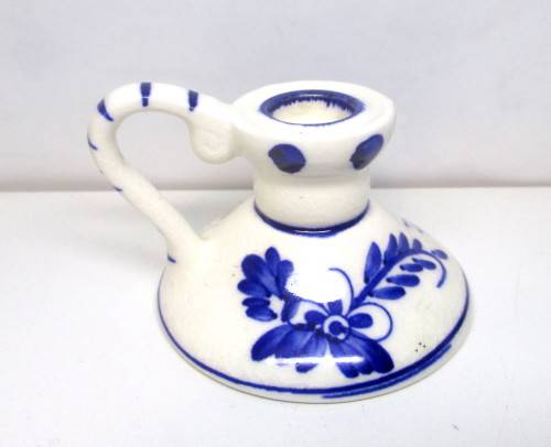Vintage Taper Candle Holder with Handle Windmill Flowers Delft Blue Holland. 5cm high.