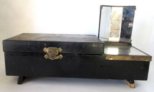 Antique Chinese Musical Jewellery Box with Mirror. Black and brasss. Needs TLC. Windup Key intact.