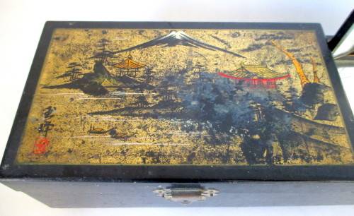 Antique Chinese Musical Jewellery Box with Mirror. Black and brasss. Needs TLC. Windup Key intact.