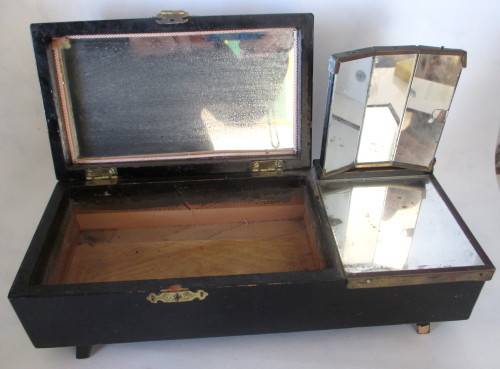 Antique Chinese Musical Jewellery Box with Mirror. Black and brasss. Needs TLC. Windup Key intact.