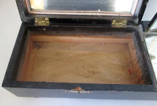 Antique Chinese Musical Jewellery Box with Mirror. Black and brasss. Needs TLC. Windup Key intact.