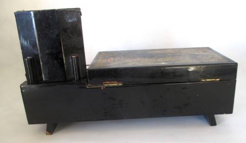 Antique Chinese Musical Jewellery Box with Mirror. Black and brasss. Needs TLC. Windup Key intact.