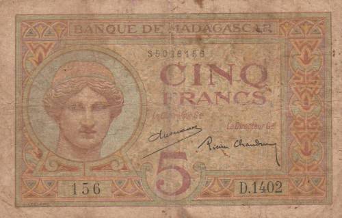 Banknote Madagascar 5 Francs 1930.  As per Photo.