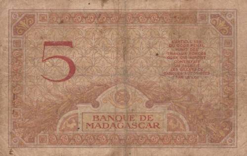 Banknote Madagascar 5 Francs 1930.  As per Photo.