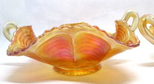 Lot of 2 Vintage Fenton Peacock Tail Marigold Carnival Glass Double Handle Bon Bon Dish. 18cm dia