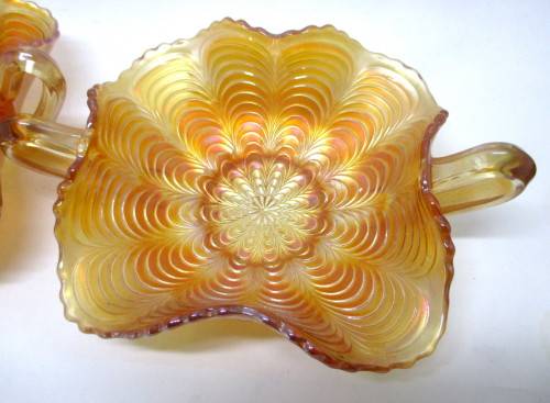 Lot of 2 Vintage Fenton Peacock Tail Marigold Carnival Glass Double Handle Bon Bon Dish. 18cm dia