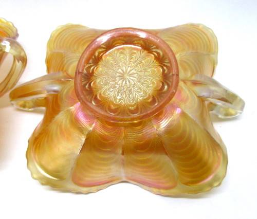 Lot of 2 Vintage Fenton Peacock Tail Marigold Carnival Glass Double Handle Bon Bon Dish. 18cm dia