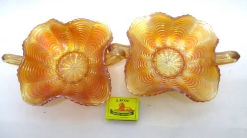 Lot of 2 Vintage Fenton Peacock Tail Marigold Carnival Glass Double Handle Bon Bon Dish. 18cm dia