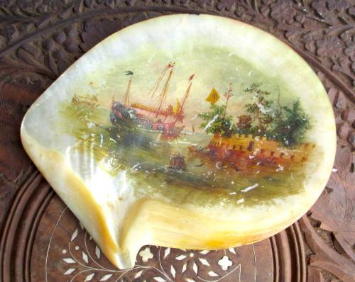 Two Antique Early 20th Cent Chinese Hand Painted Scene On Large Mother Of Pearl Shell.  25x21cm