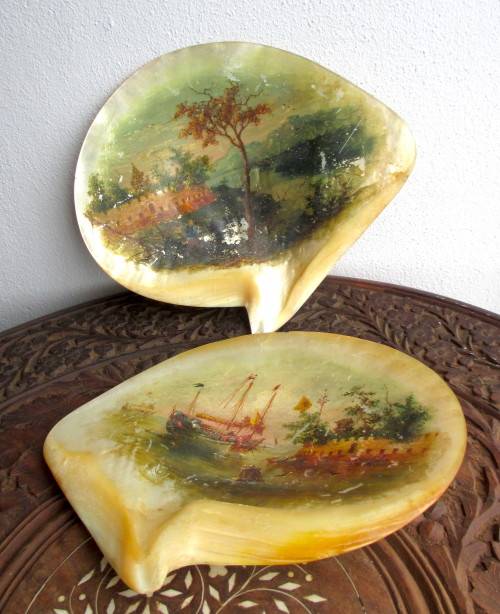 Two Antique Early 20th Cent Chinese Hand Painted Scene On Large Mother Of Pearl Shell.  25x21cm