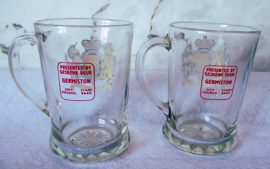 Pair of Vintage Glass Stein / Tankard , Queen Elizabeth Coronation 1953. 110mm high. Germiston City