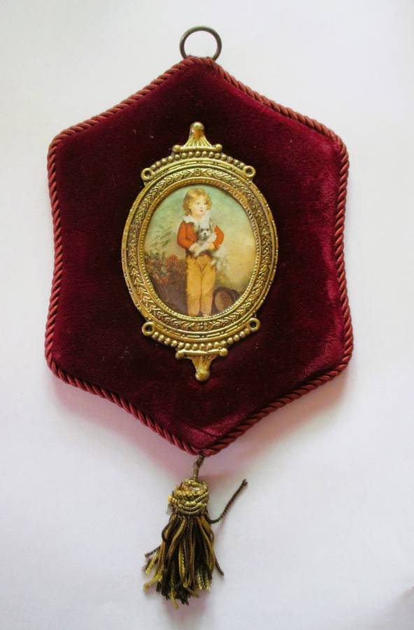 Arthur Devis Boy and Dog Print on silk, 18th Century Portrait in Ornate Frame on maroon velvet. 21cm