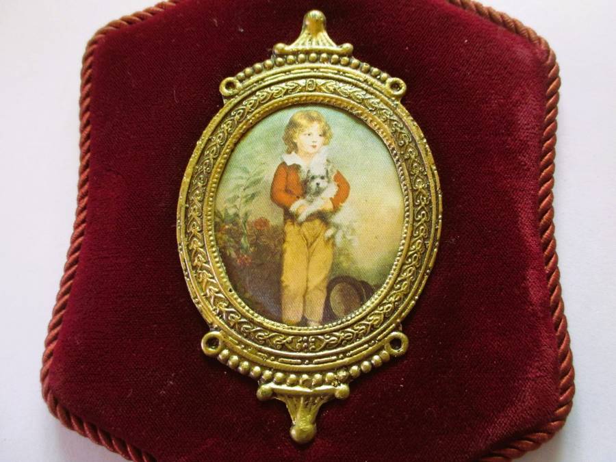 Arthur Devis Boy and Dog Print on silk, 18th Century Portrait in Ornate Frame on maroon velvet. 21cm