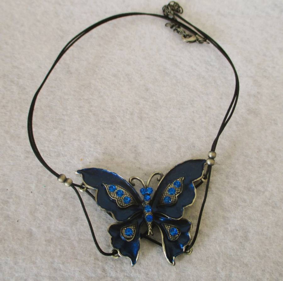 SALE R25 -Lovely Midnight Blue with Rhinestones Good Luck Pewter Butterfly necklace. 40cm.