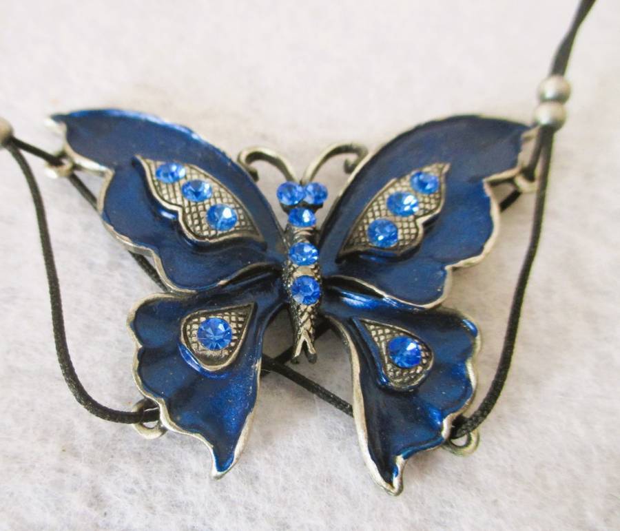 SALE R25 -Lovely Midnight Blue with Rhinestones Good Luck Pewter Butterfly necklace. 40cm.