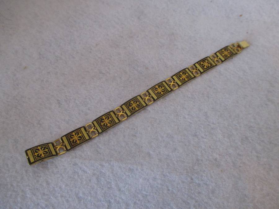 Vintage Damascene Toledo Ornate Gold Square Plaques Bracelet, strong clasp. 20cm