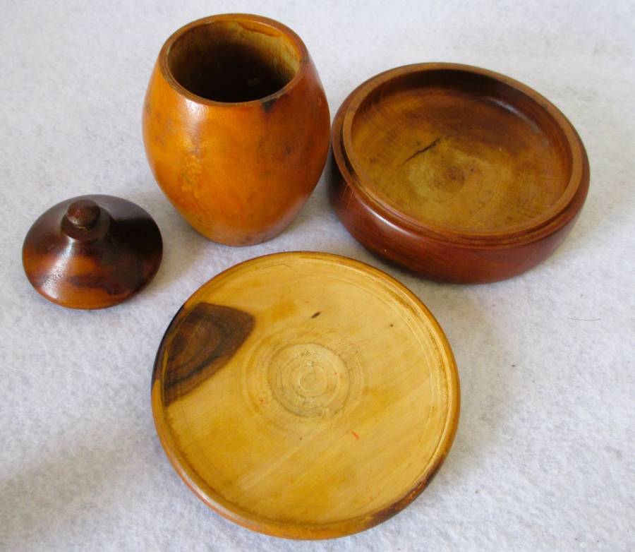 VINTAGE SOLID WOOD TOBACCO JAR AND ROUND BOX - BEAUTIFUL WOOD! See photo for scale.