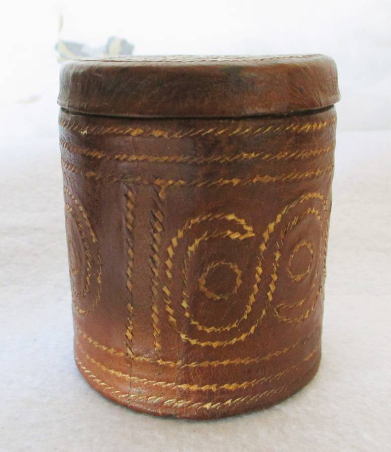 Prisoner of war trench art leather covered cigarette tins. 100mm and 85mm high. Very collectable