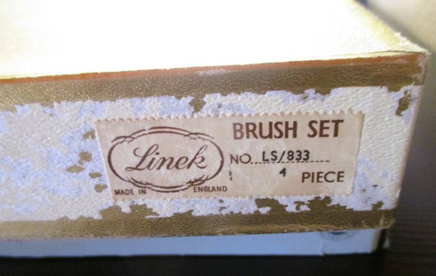 Vtage ladies dressing table set, hair brush, mirror, comb and clothes brush in silver finish, in box