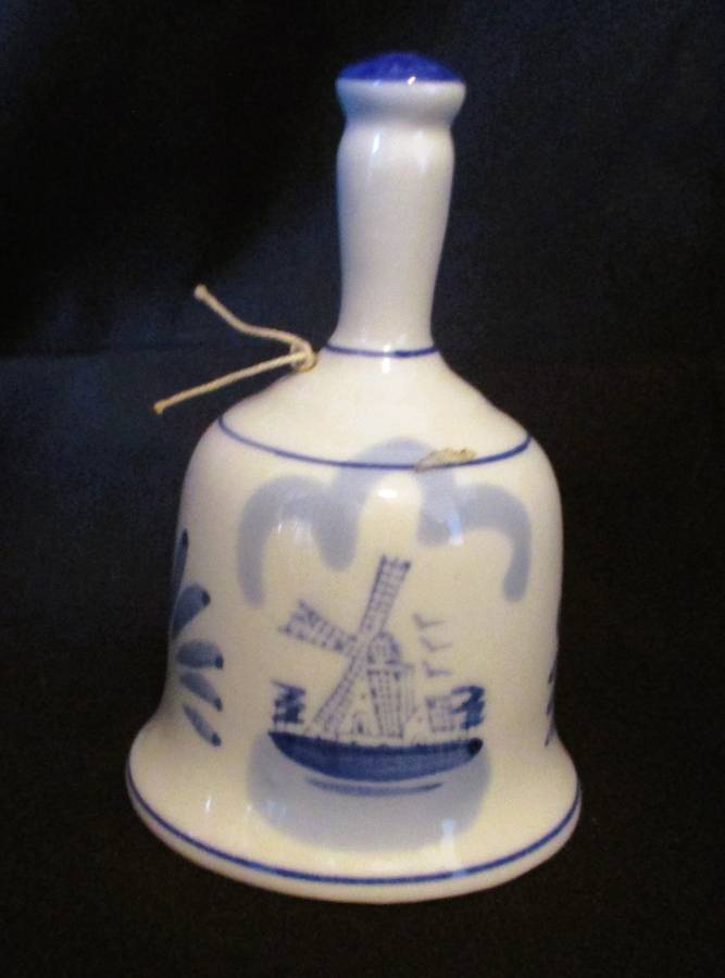 Delft Pottery Hand Bell New Year 2000, hndpainted blue and white, windmill. 115mm high.