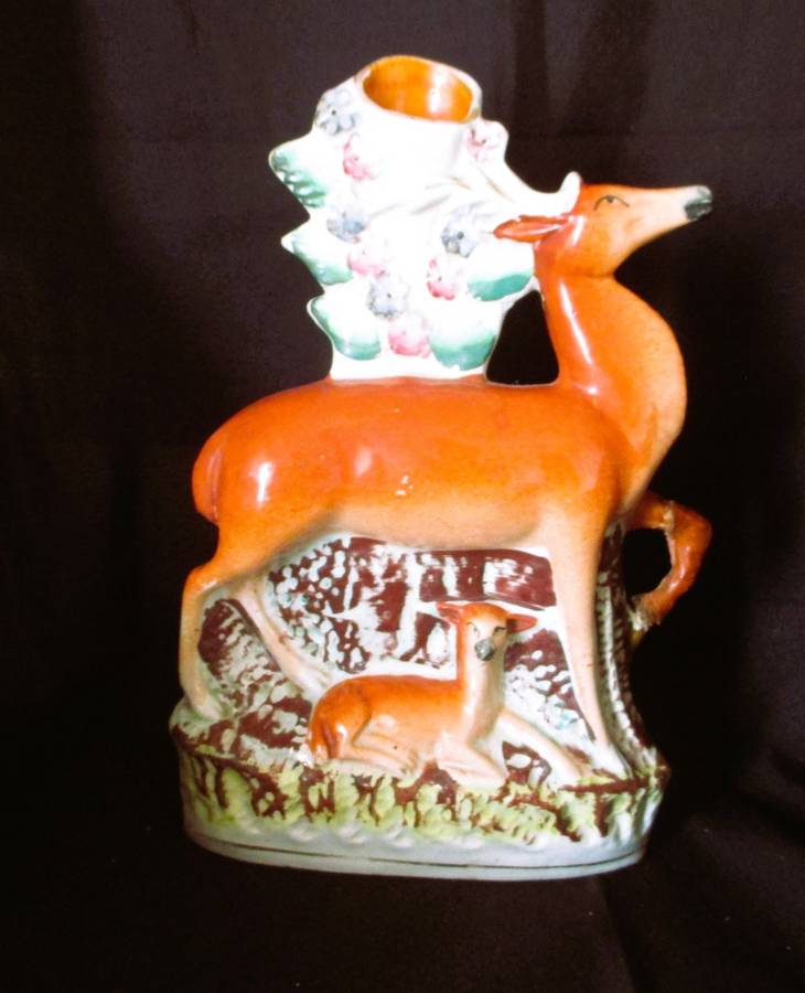 Antique Staffordshire doe/stag spill vase, c. 1870.  RARE Collectable. Fixed. 25x17cm