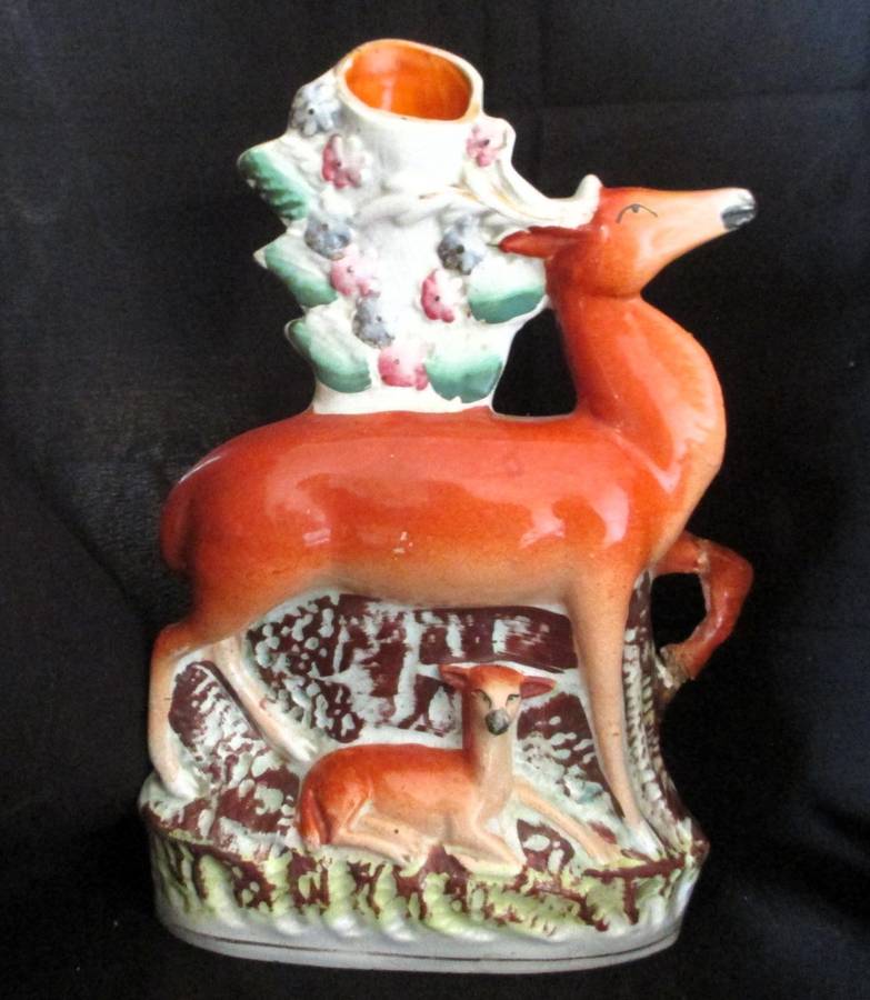 Antique Staffordshire doe/stag spill vase, c. 1870.  RARE Collectable. Fixed. 25x17cm