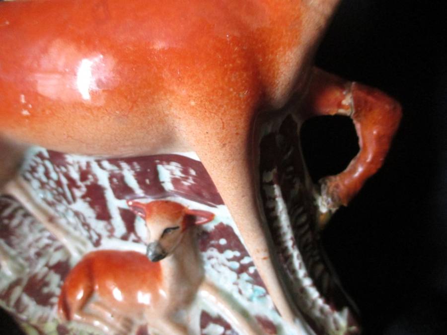 Antique Staffordshire doe/stag spill vase, c. 1870.  RARE Collectable. Fixed. 25x17cm