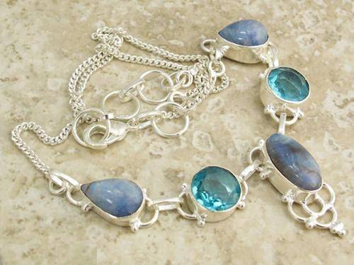 Natural Glowing Moonston & Pretty Blue Quartz Handcrafted Silver Necklace