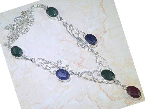 Ruby, Emerald and Saphire Handcrafted Silver Fashion Necklace