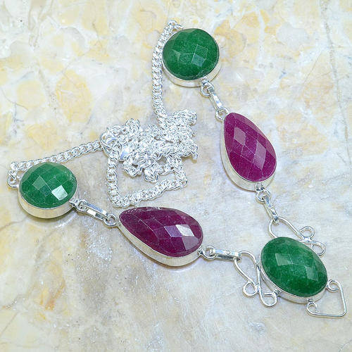 Ruby and Emerald Handcrafted Silver Fashion Necklace