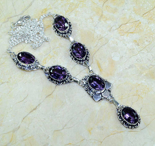 Classic Purple Amethyst Crystal Handcrafted Silver Fashion Necklace