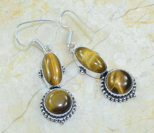 Velvet Tiger Eye Gemstone Handcrafted Silver Dangly Earrings