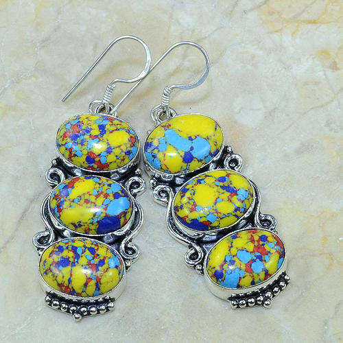 Fun and Festive Mosaic Jasper Handcrafted Silver Fashion Earrings