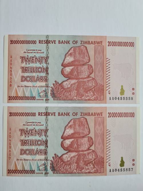2 by Zimbabwe 20 Trillion Dollars UNC Consecutive numbers