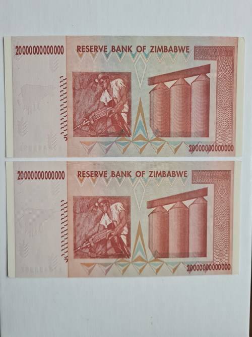 2 by Zimbabwe 20 Trillion Dollars UNC Consecutive numbers