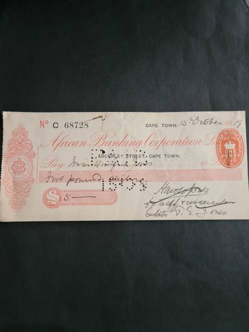 African Banking Corporation Limited Cheque 15 October 1919 - as per photograph
