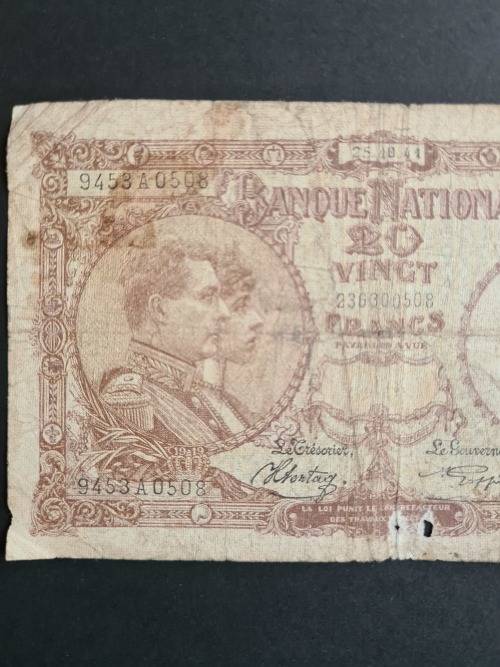 Belgium 20 Francs Filler Note 25/10/1941 - as per photograph