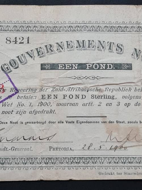 ZAR Gouvernements Noot Een Pond 28/5/1900 (2 pin holes in middle of note)  - as per photograph