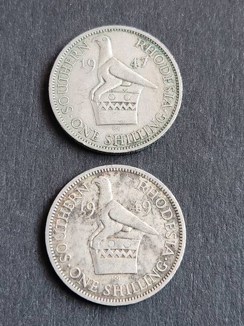 2 x Southern Rhodesia One Shillings 1947/1949 - as per photograph