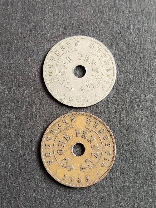 2 x Southern Rhodesia One Pennies 1934/1943 - as per photograph