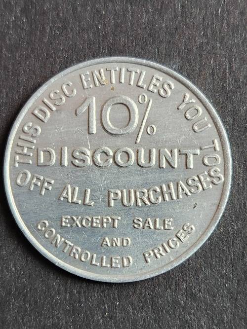 Paramount Stores President Street of Johannesburg 10% discount Aliminium Token (excellent condition)