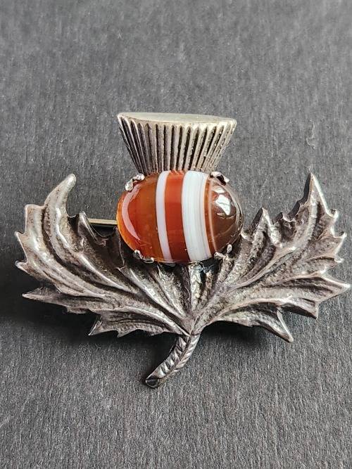 Vintage Robert Allison Scottish Hallmark Silver Tistle Brooch with Citrine Celtic 11.2g